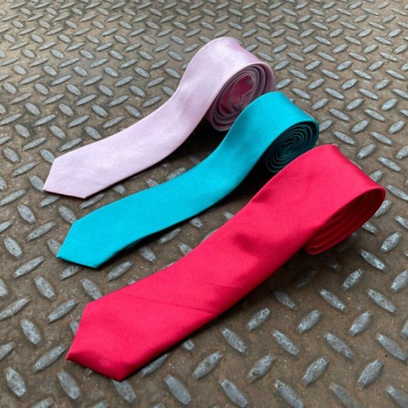 Lot of 3 Ties Skinny Ties Red Turquoise Pink Slim Fit Fashion Ties X3 - Picture 2 of 8